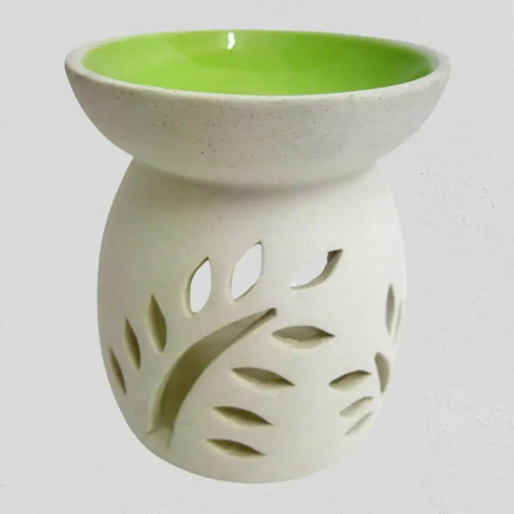 Ceramic Oil Burner WHITE - GREEN BOWL