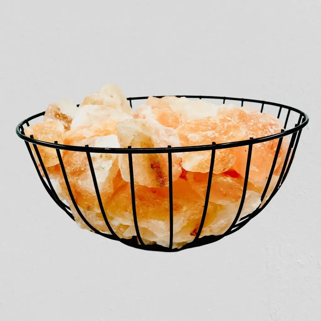 Himalayan Salt Lamp ABUNDANCE CAGED FIRE BOWL Wood Base