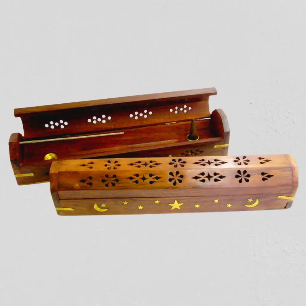INCENSE HOLDER Wooden HEXAGONAL Lid Box - 30cm - Brass Inlay